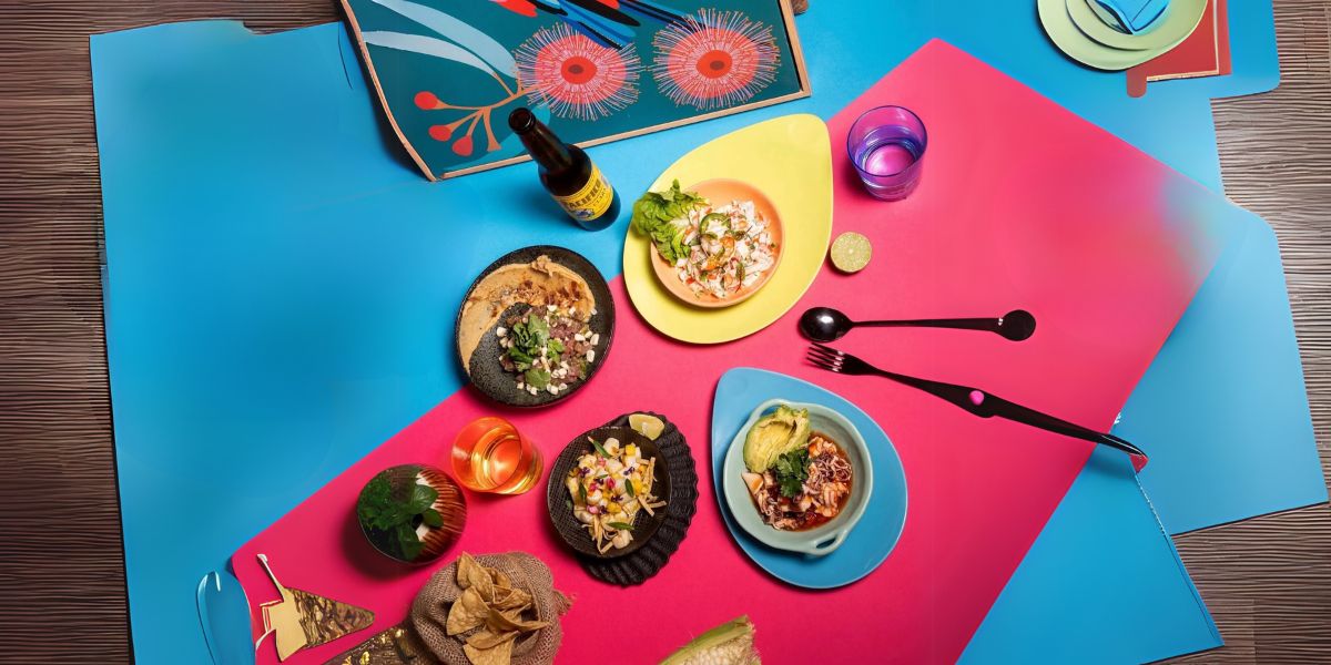 Mexican appetizer platter with ceviche and soup